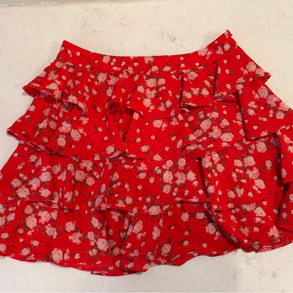 Sage the Label- Red Floral Tiered Preppy Boho Feminine A Line Skirt